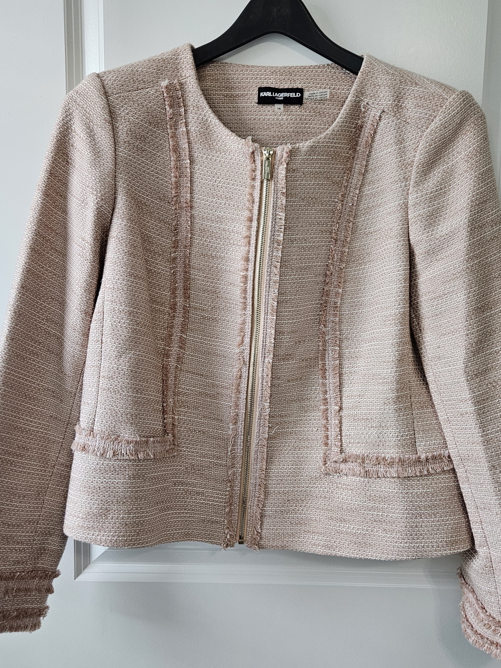 Karl Lagerfeld Pale Pink Tweed Zip-Up Blazer